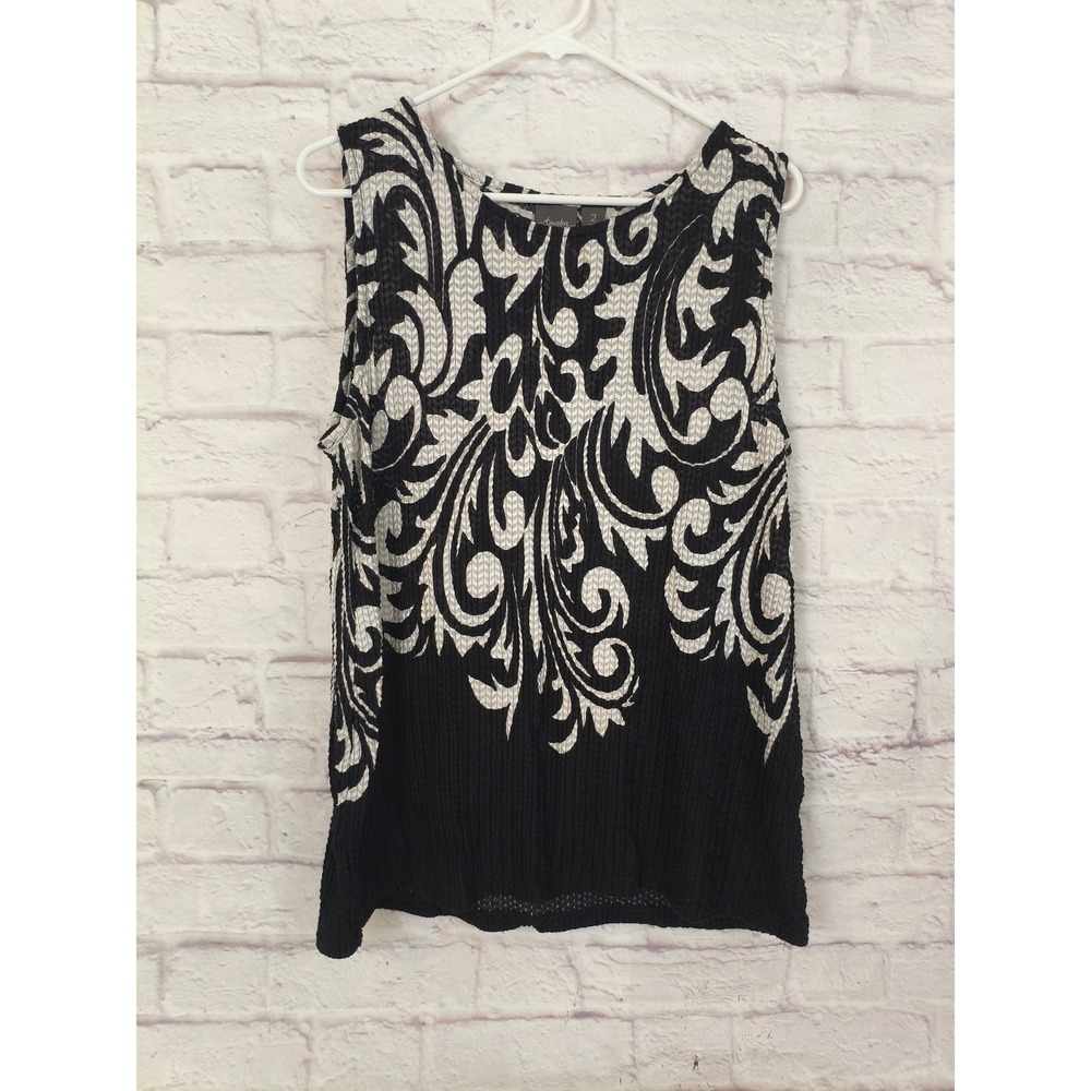 Chicos Travelers Collection Black White Paisley Sleeveless Pleated Top Size 2/L
